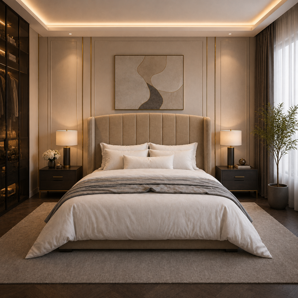 Beige Velvet Vertical Channel Wingback Bed 3D Model 4