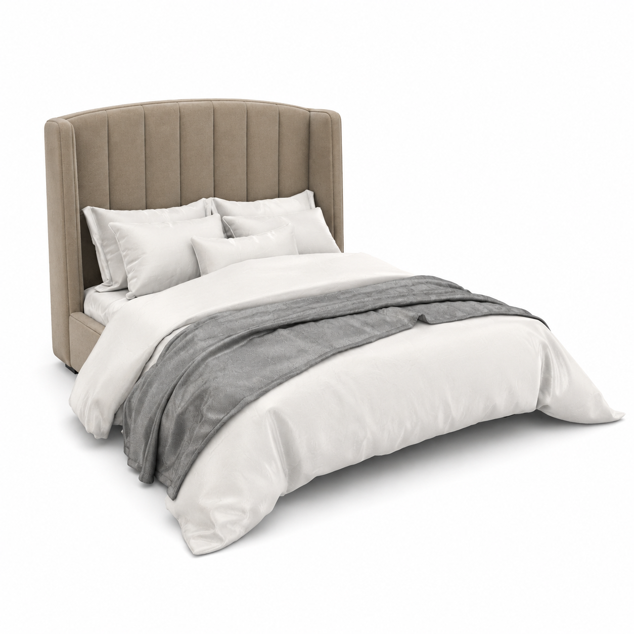 Beige Velvet Vertical Channel Wingback Bed 3D Model
