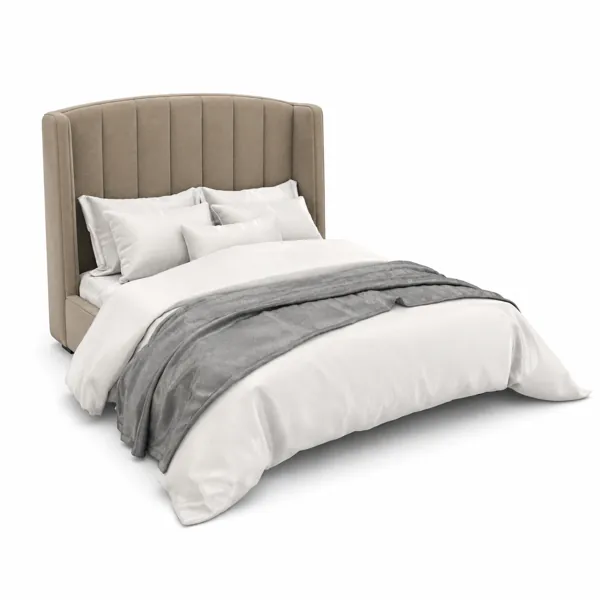 Beige Velvet Vertical Channel Wingback Bed 3D Model