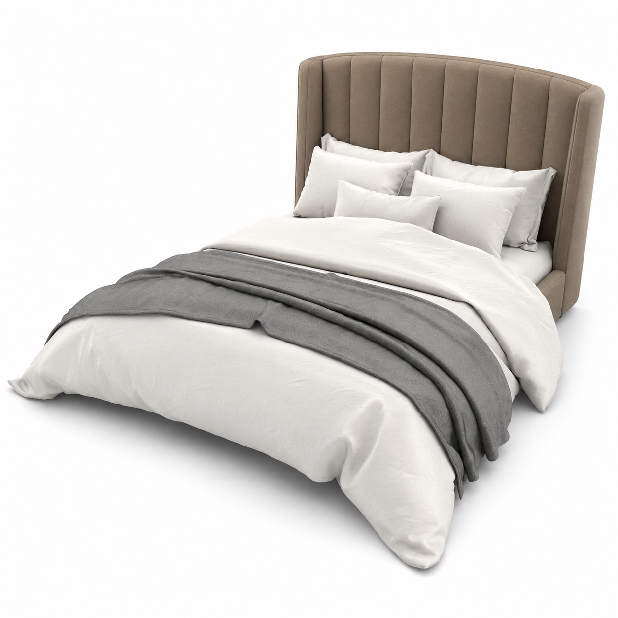 Beige Velvet Vertical Channel Wingback Bed 3D Model 3