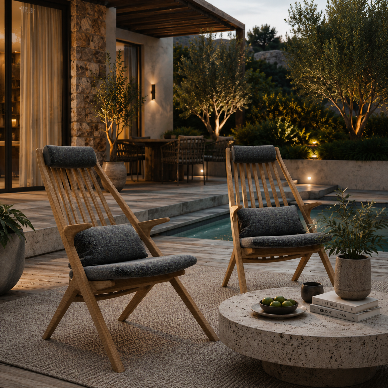 Warm Wood Spindle Back Grey Armchair 3D Model 4
