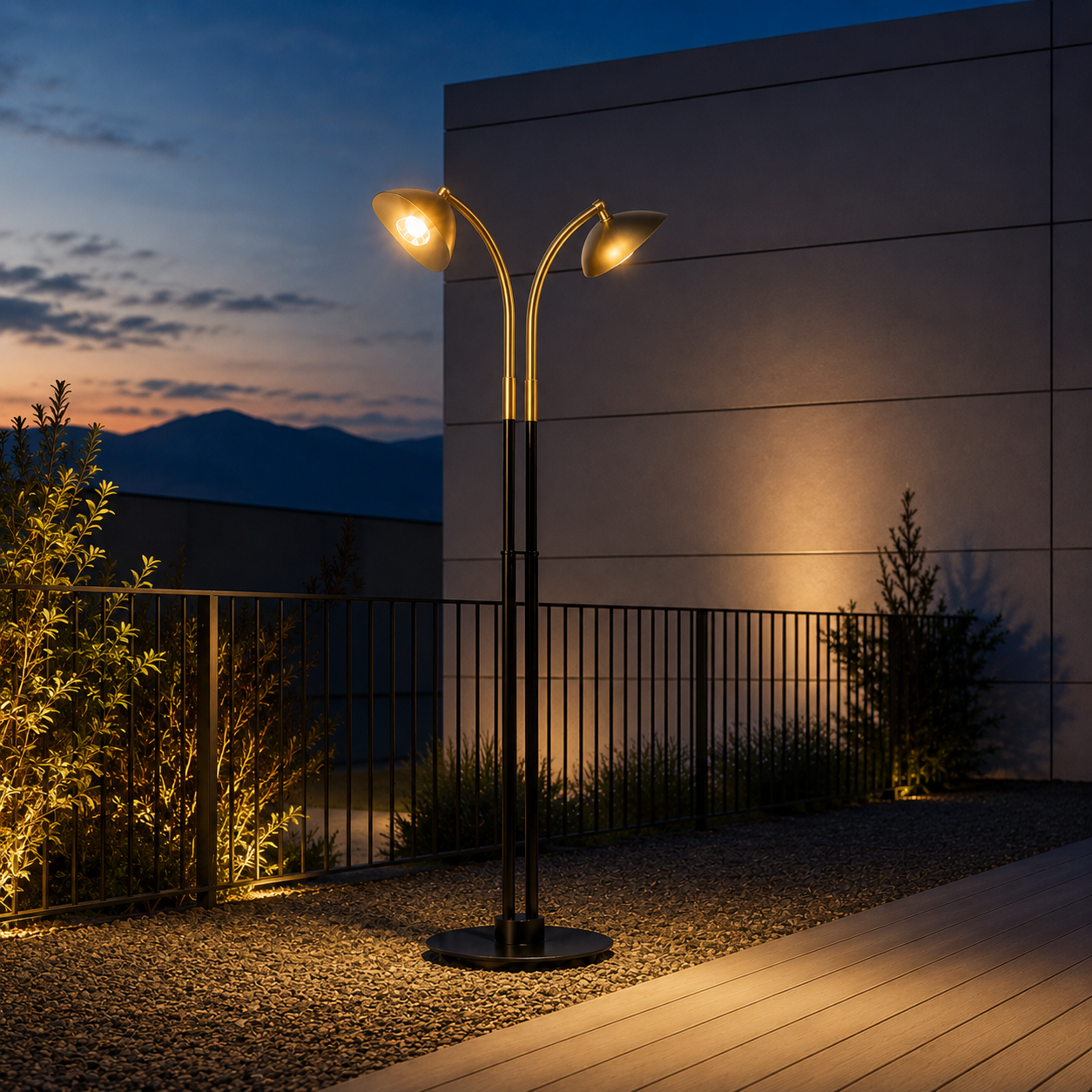 Black and Gold Twin-Arc Street Light – Dish Shades 3D Model 2