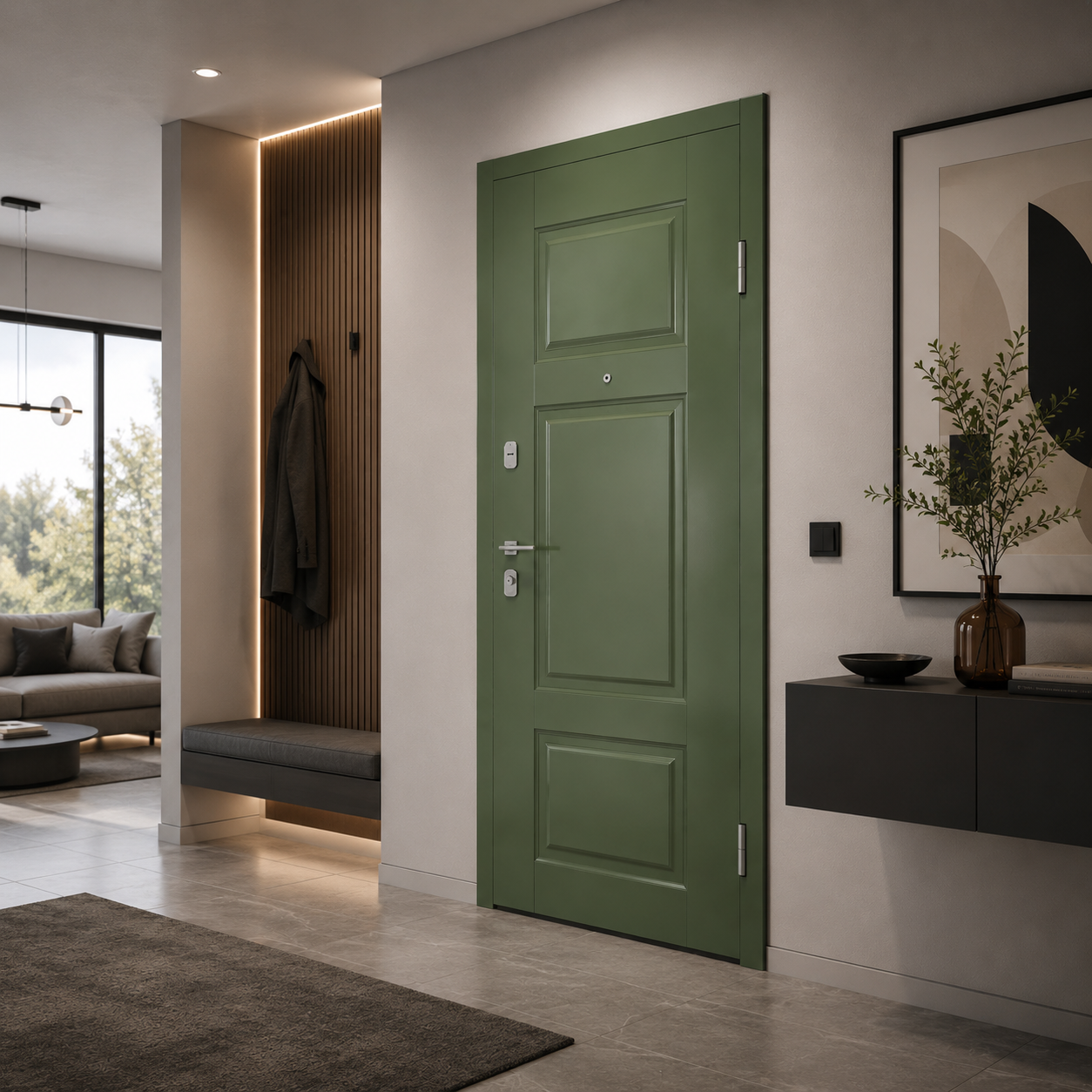 Classic Paneled Wood Door – Sage Green, Charcoal & Taupe 3D Model 3
