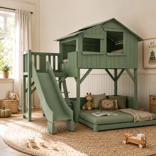 Sage Green Wooden Loft House Bed with Slide & Lower Daybed 3D Model back