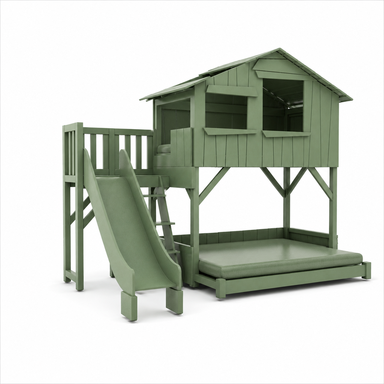 Sage Green Wooden Loft House Bed with Slide & Lower Daybed 3D Model 1