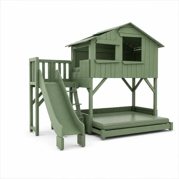 Sage Green Wooden Loft House Bed with Slide & Lower Daybed 3D Model