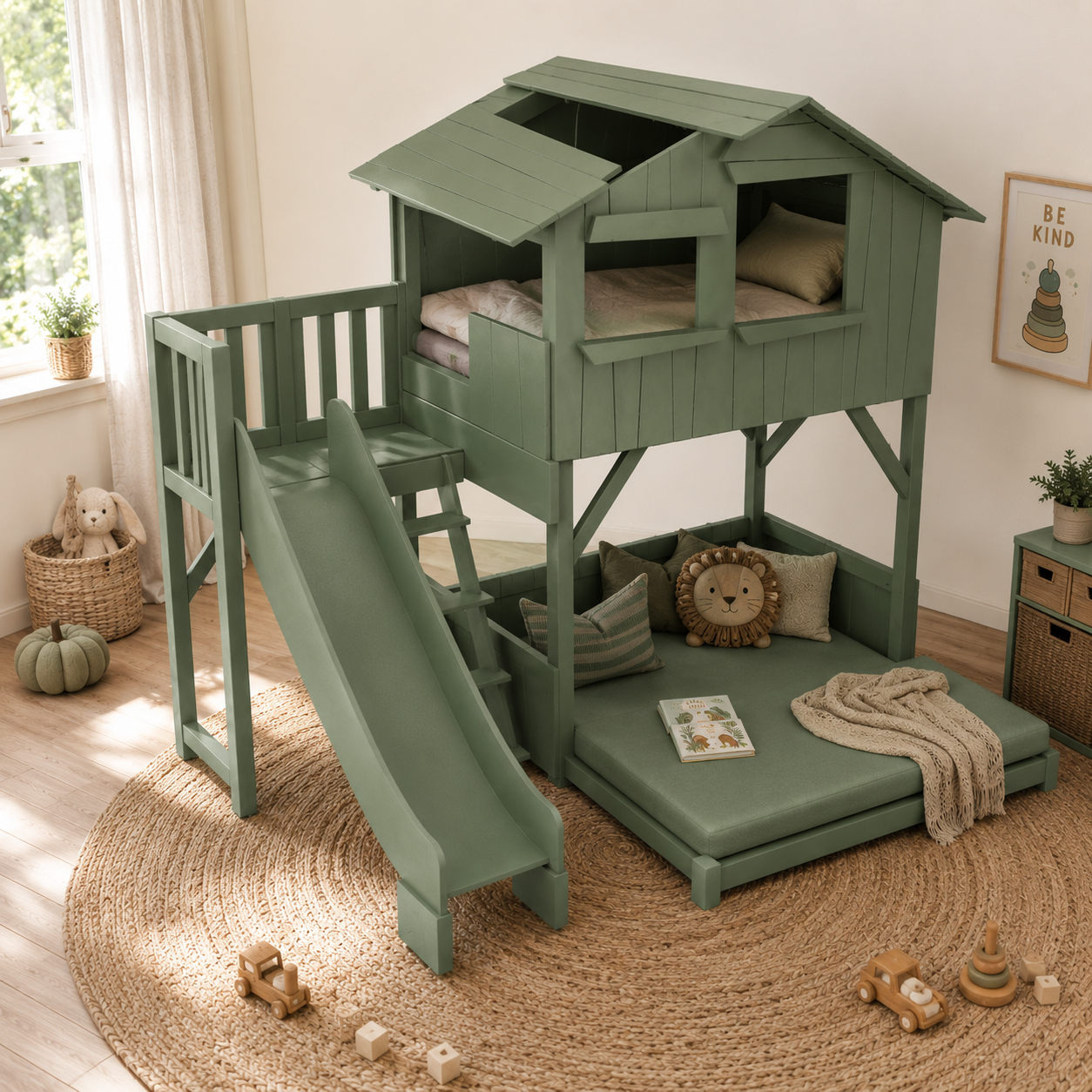 Sage Green Wooden Loft House Bed with Slide & Lower Daybed 3D Model 3