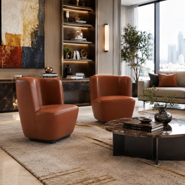 Cognac Leather Tub Chair – Dark Wood Plinth 3D Model back