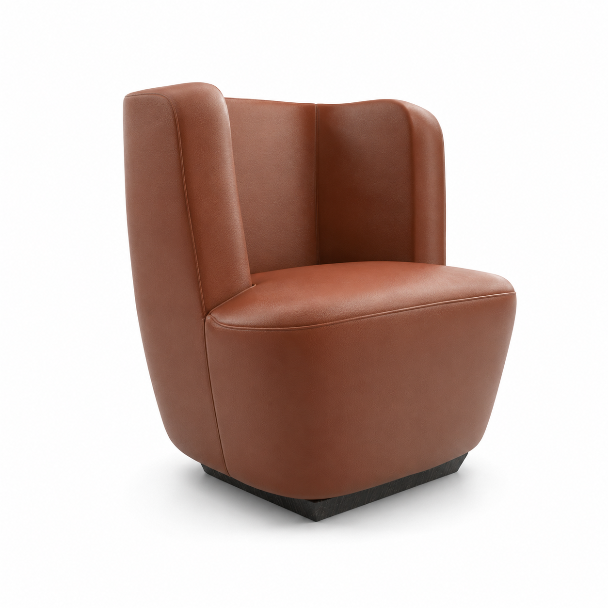 Cognac Leather Tub Chair – Dark Wood Plinth 3D Model 1