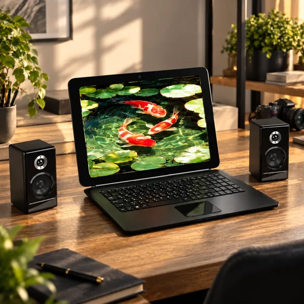 Black Laptop and Dual Speakers 3D Model back