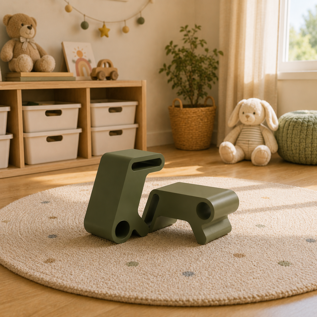 Modern Kids Plastic Stool Set – Olive Green Slot Forms 3D Model 4