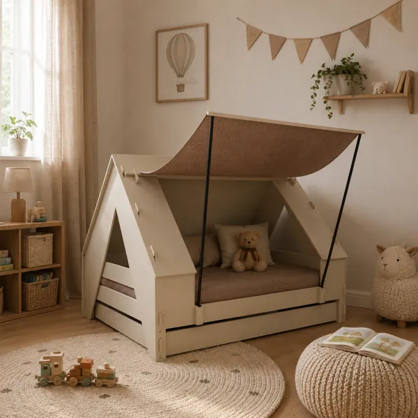 Beige House Bed with Brown Canopy – Tent Style 3D Model back