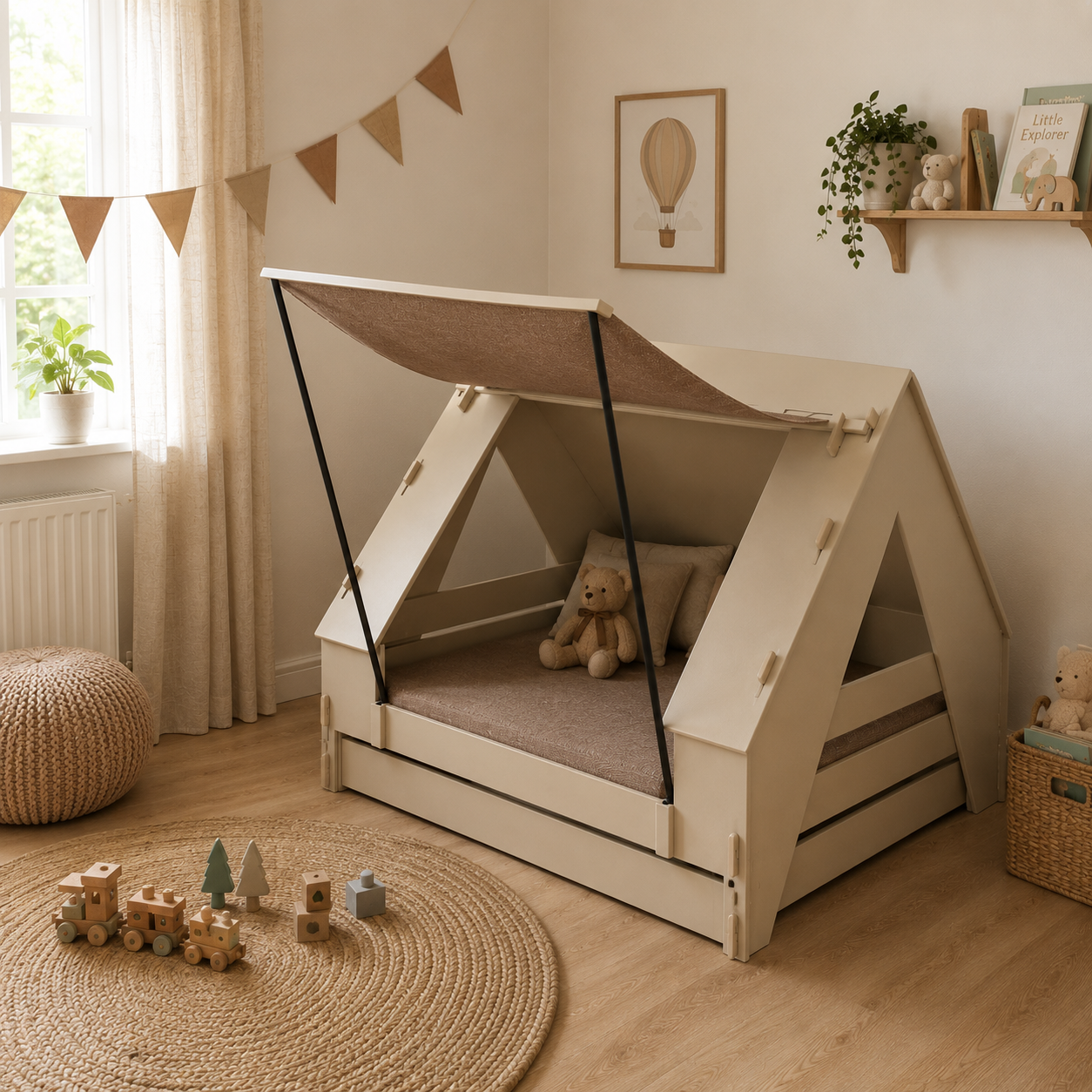 Beige House Bed with Brown Canopy – Tent Style 3D Model 3
