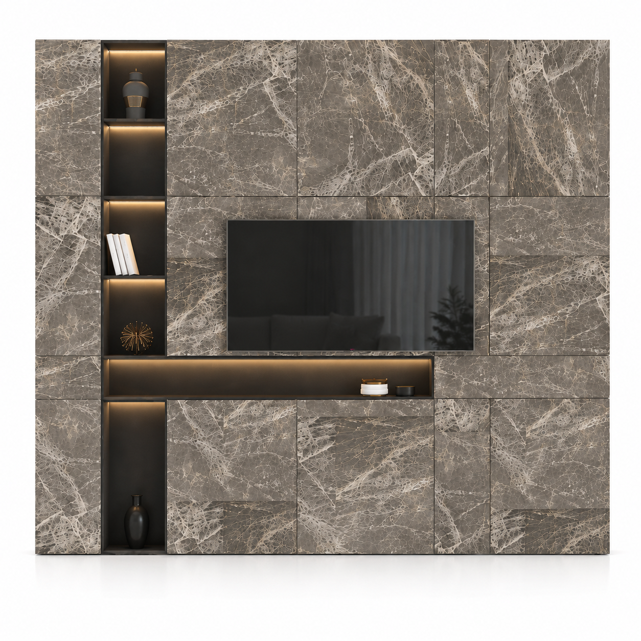 Marble TV Wall Unit – Grey Veined Panels 3D Model 3