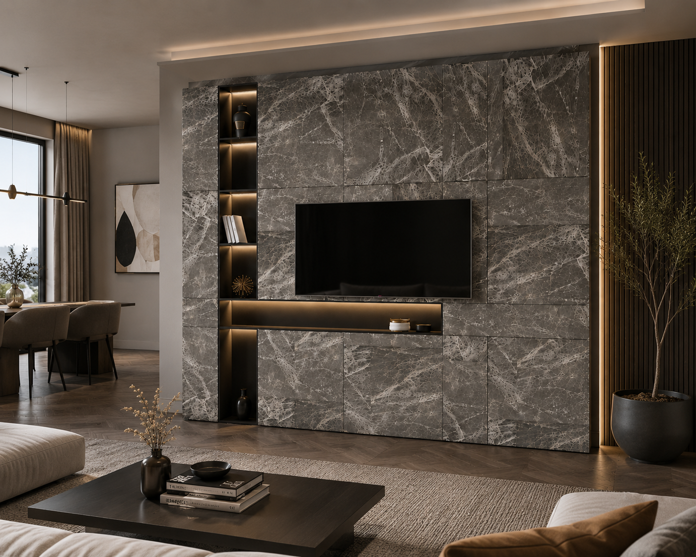 Marble TV Wall Unit – Grey Veined Panels 3D Model 2