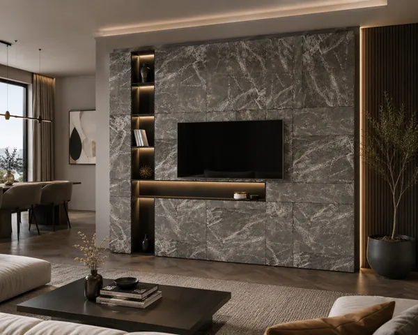 Marble TV Wall Unit – Grey Veined Panels 3D Model back