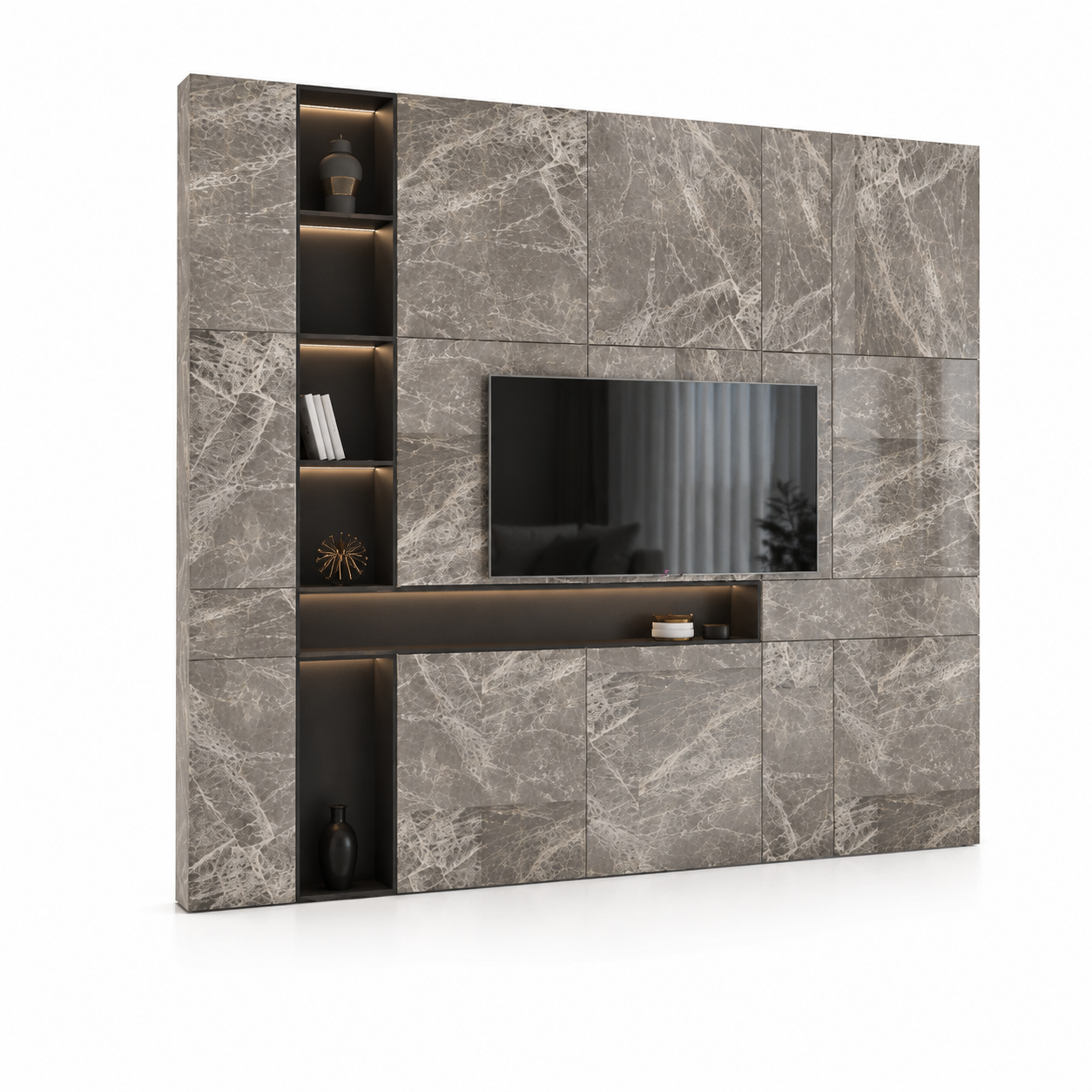 Marble TV Wall Unit – Grey Veined Panels 3D Model 1