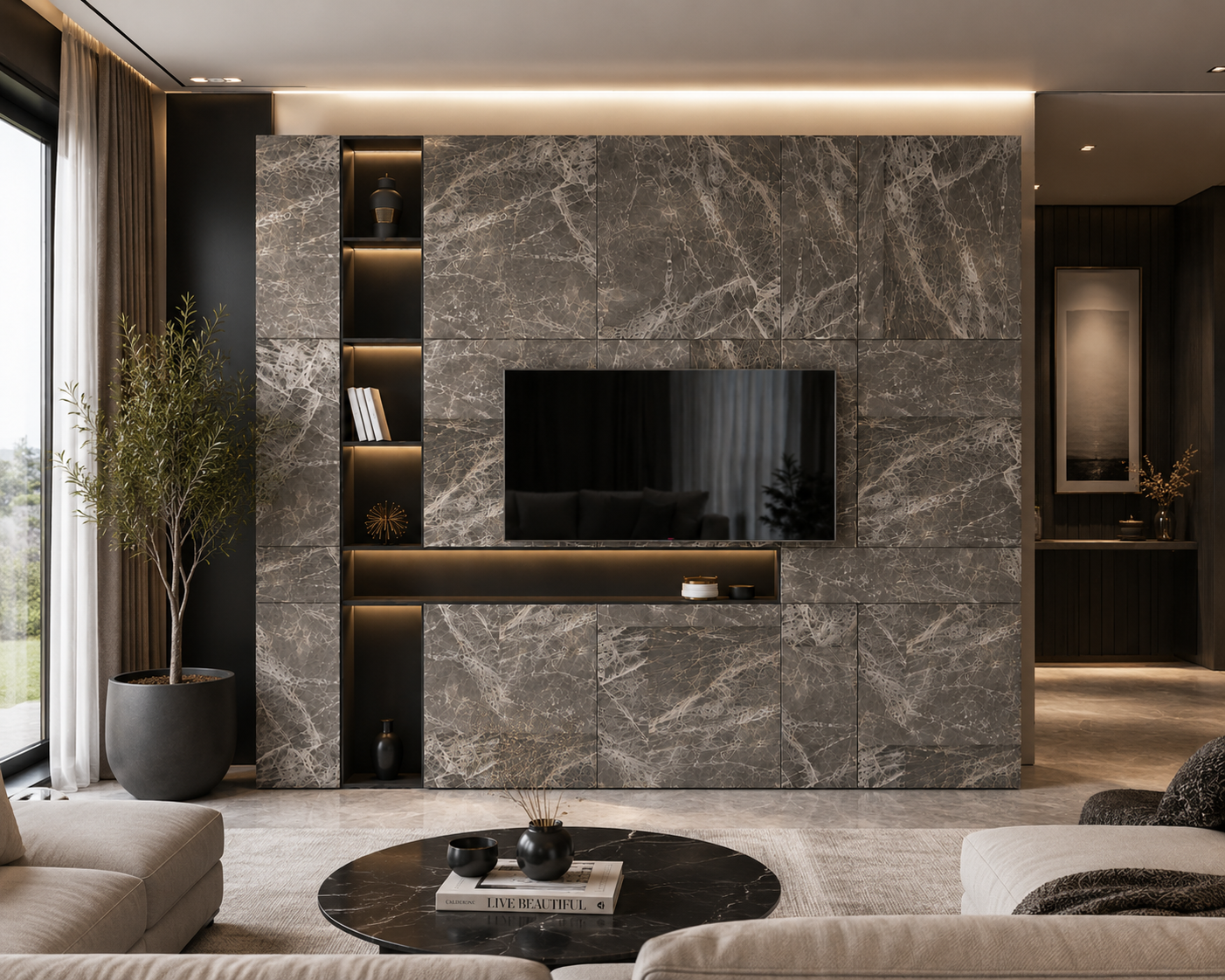 Marble TV Wall Unit – Grey Veined Panels 3D Model 4