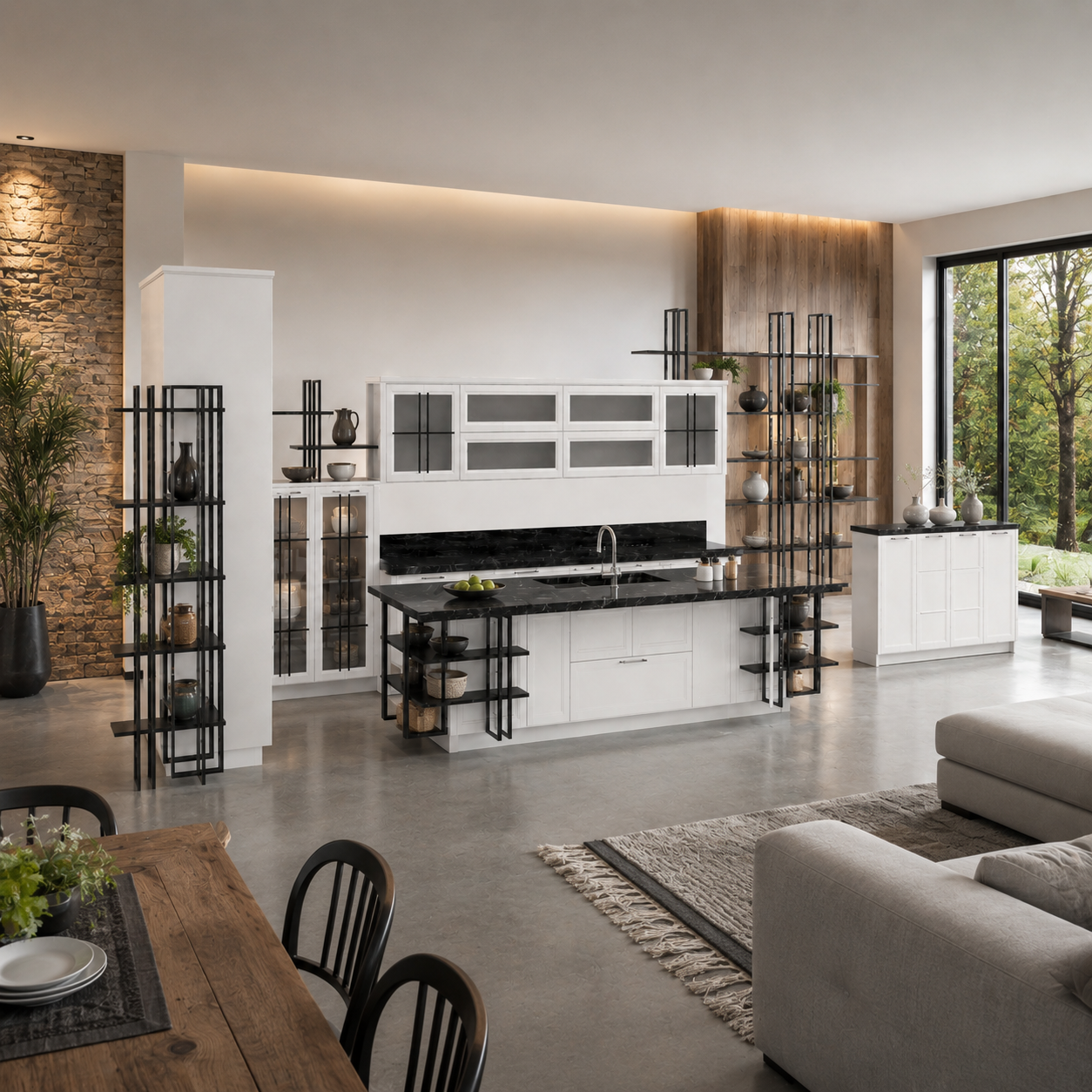 White Full Kitchen – Black Linear Metal Shelving 3D Model 3