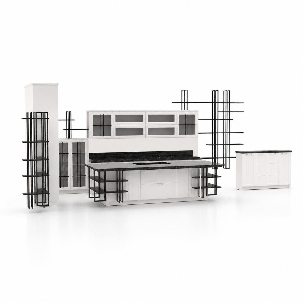 White Full Kitchen – Black Linear Metal Shelving 3D Model 1