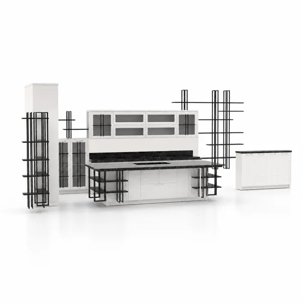 White Full Kitchen – Black Linear Metal Shelving 3D Model