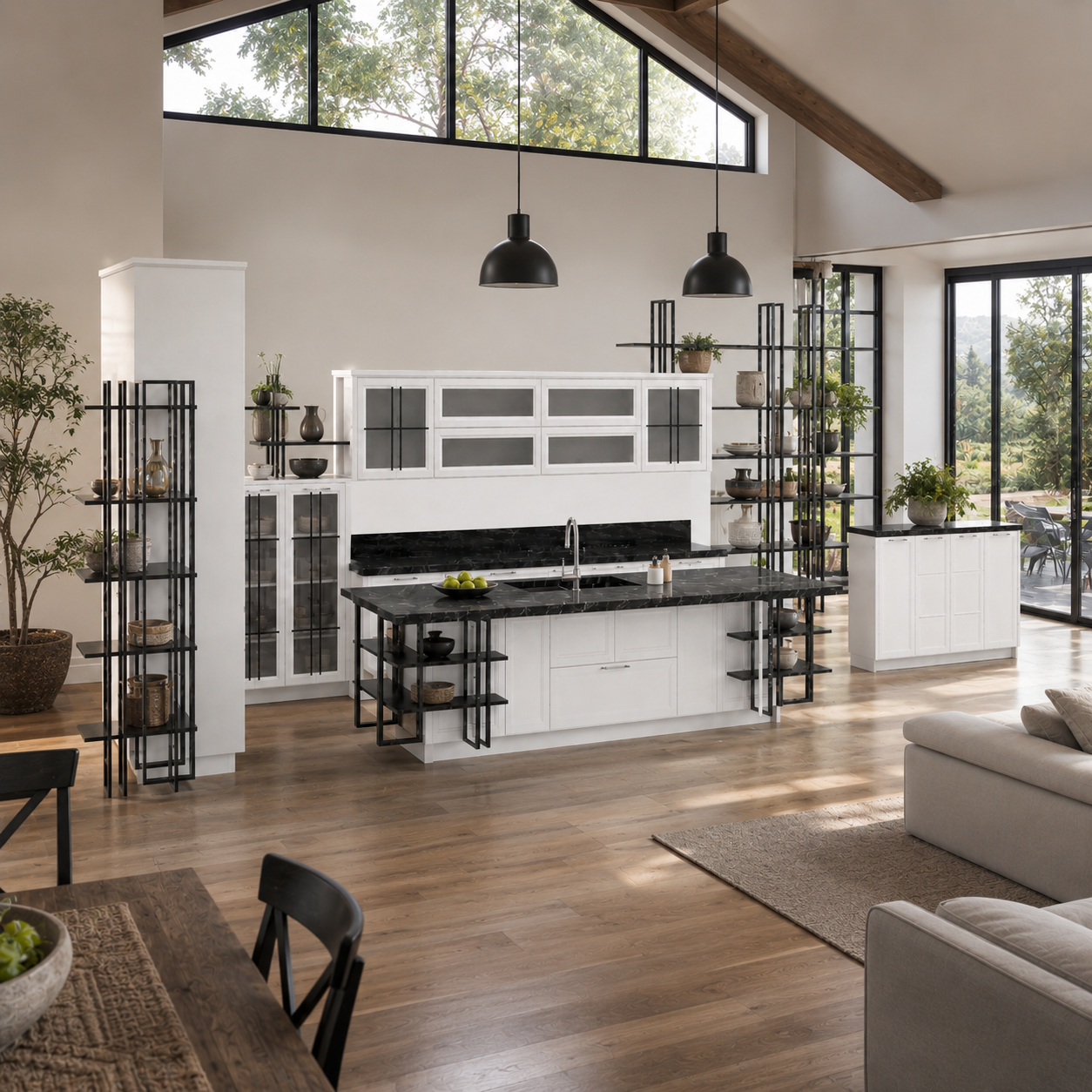 White Full Kitchen – Black Linear Metal Shelving 3D Model 2