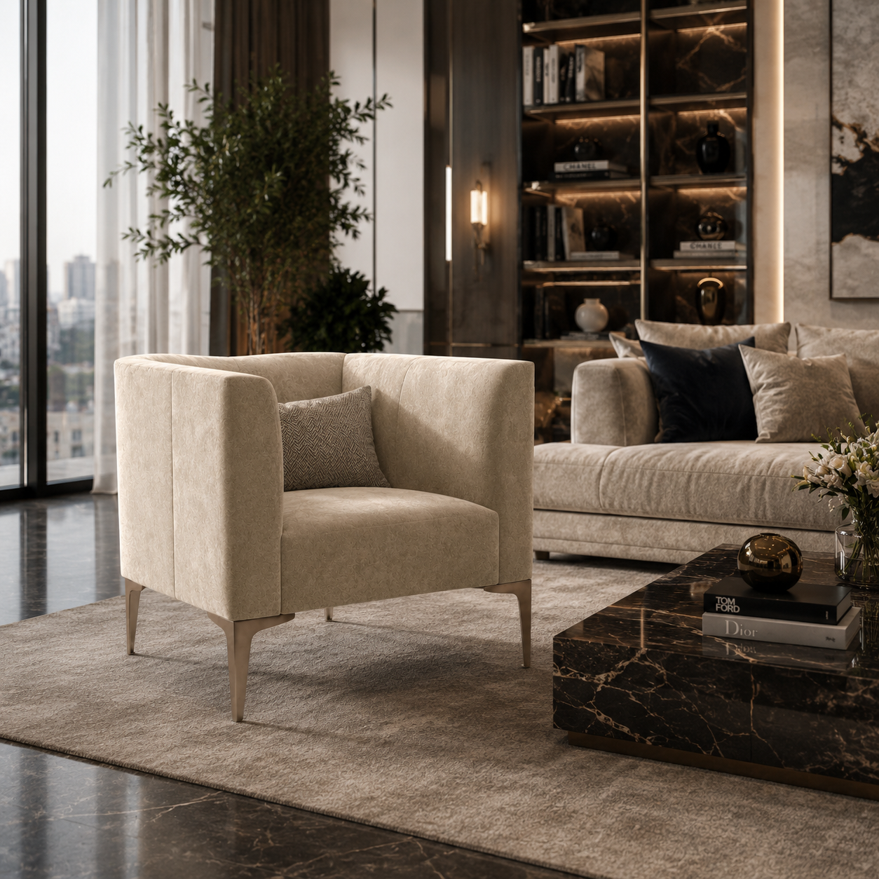 High-Sided Beige Armchair with Champagne Metal Legs 3D Model 2