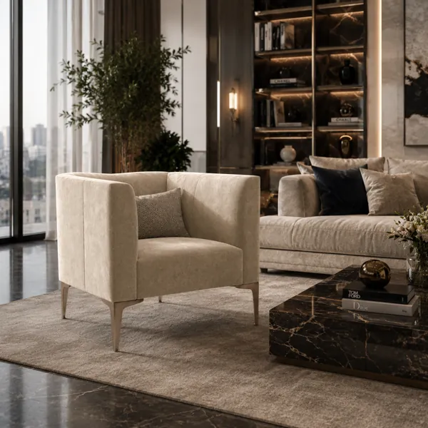 High-Sided Beige Armchair with Champagne Metal Legs 3D Model back