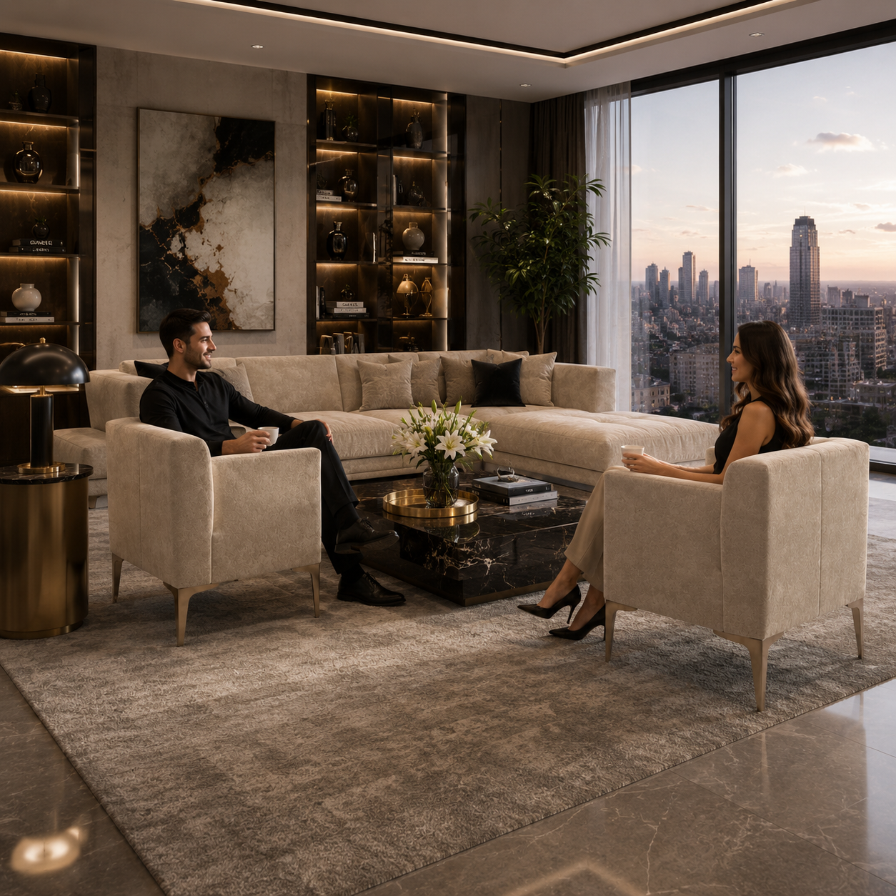 High-Sided Beige Armchair with Champagne Metal Legs 3D Model 4