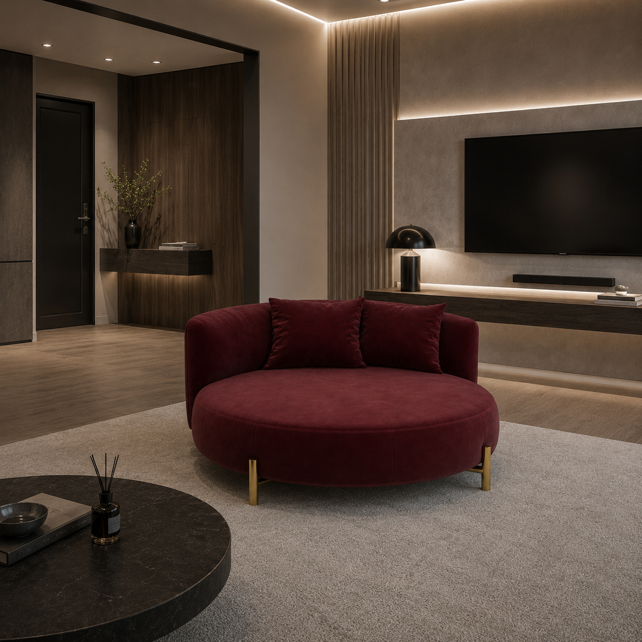 Burgundy Oval Sofa with Gold Metal Legs 3D Model 2