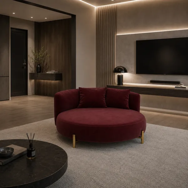Burgundy Oval Sofa with Gold Metal Legs 3D Model back