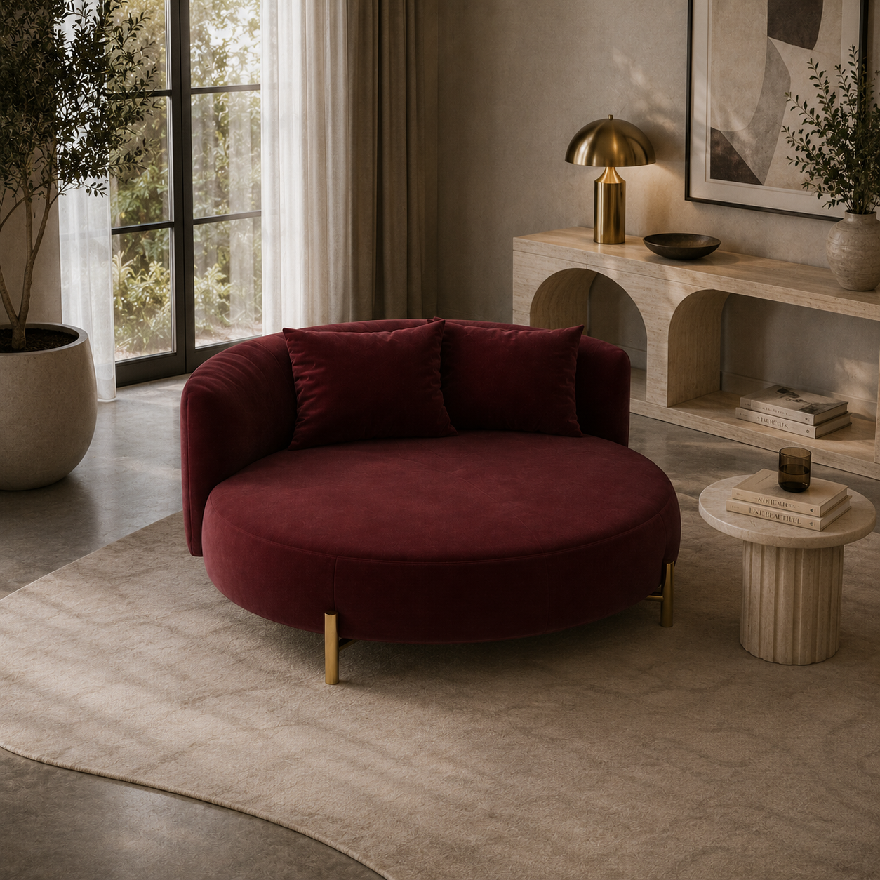 Burgundy Oval Sofa with Gold Metal Legs 3D Model 3
