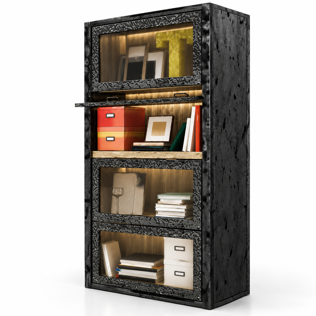 Black Textured Glass Door Book Cabinet 3D Model 3