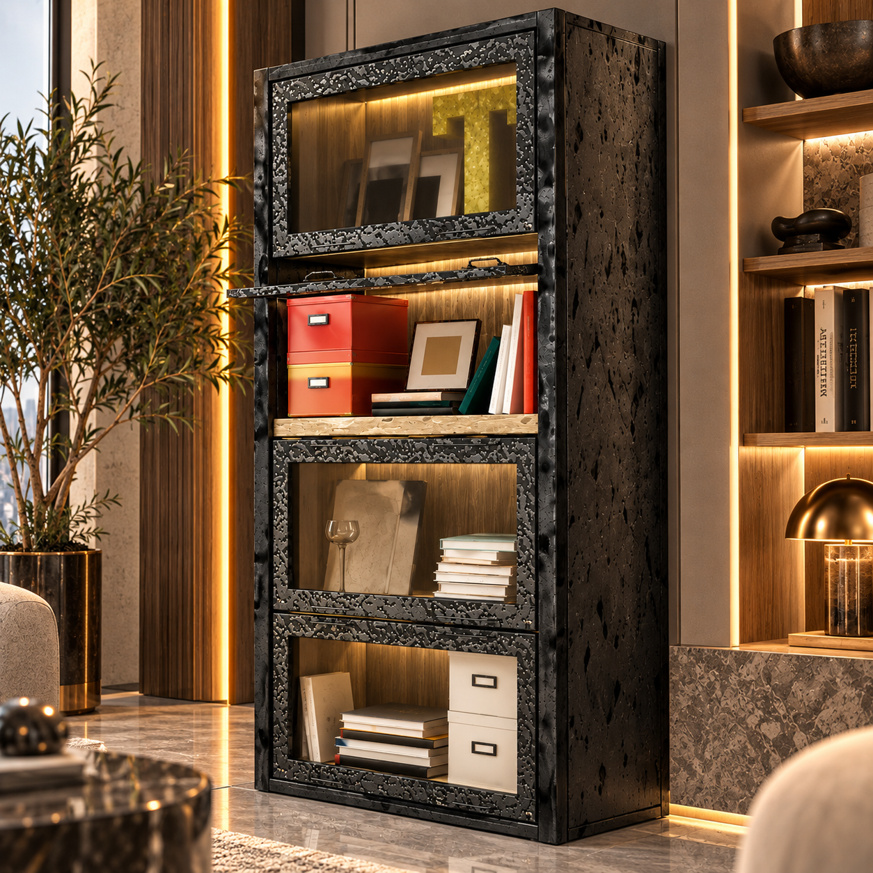 Black Textured Glass Door Book Cabinet 3D Model 4