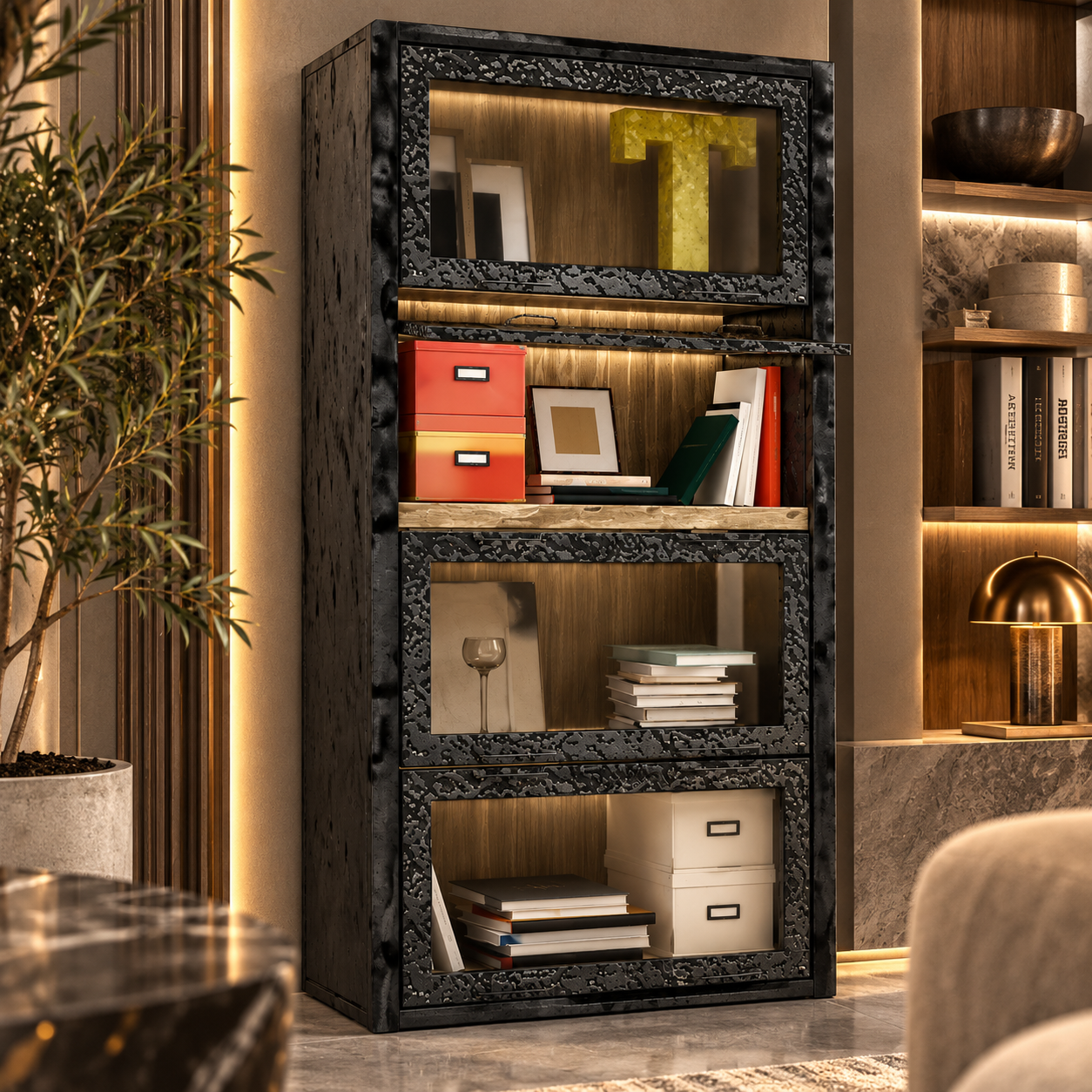 Black Textured Glass Door Book Cabinet 3D Model 2