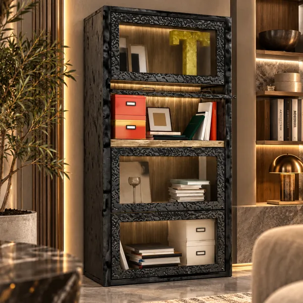 Black Textured Glass Door Book Cabinet 3D Model back