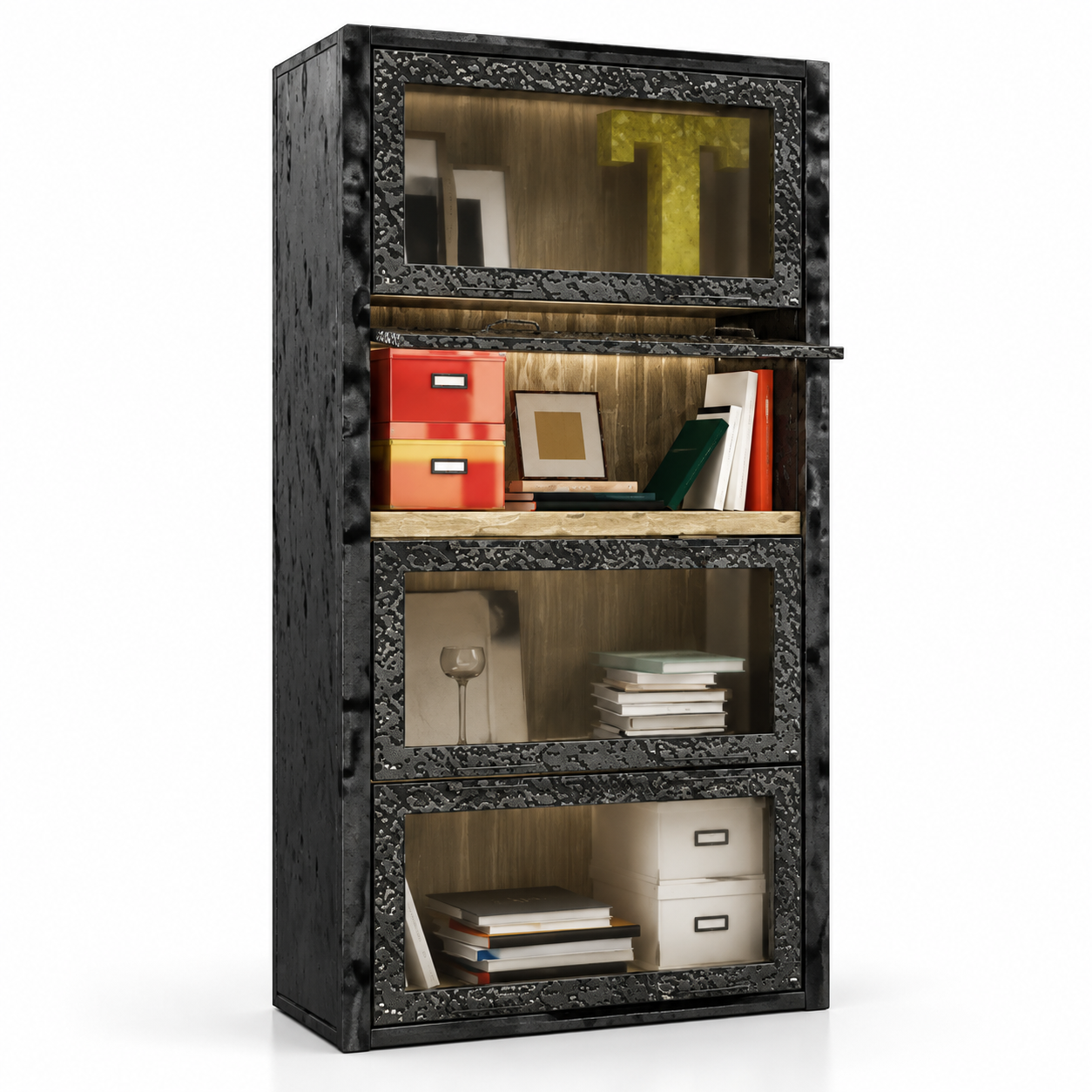 Black Textured Glass Door Book Cabinet 3D Model 1