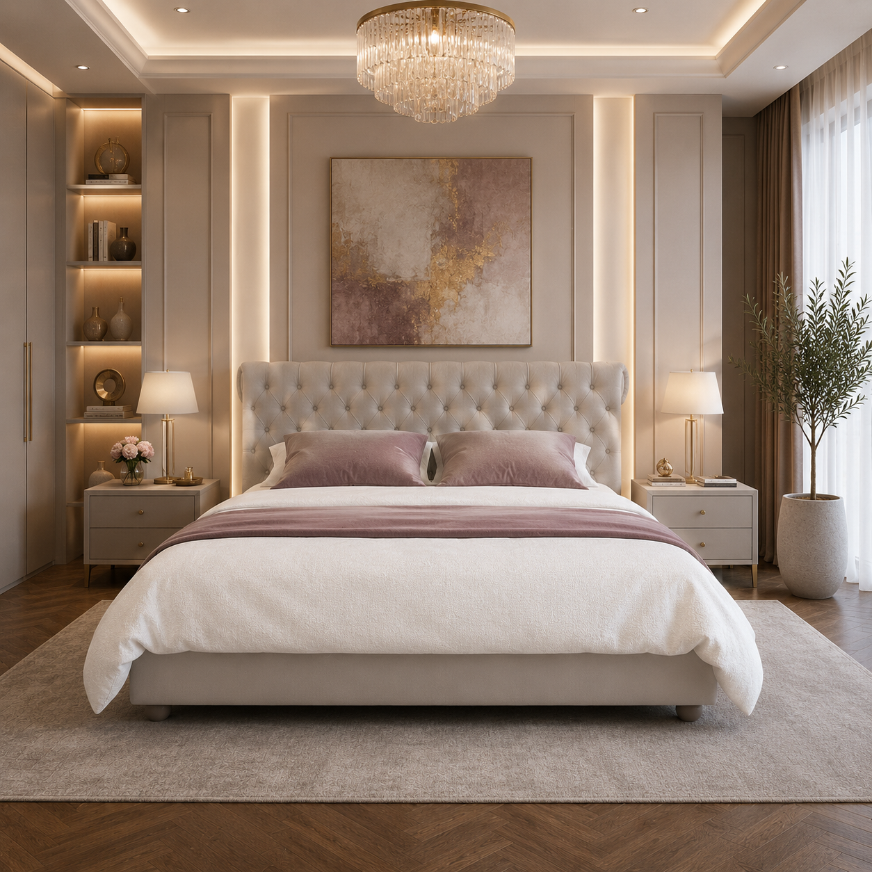 Beige Velvet Wingback Tufted Bed 3D Model 4