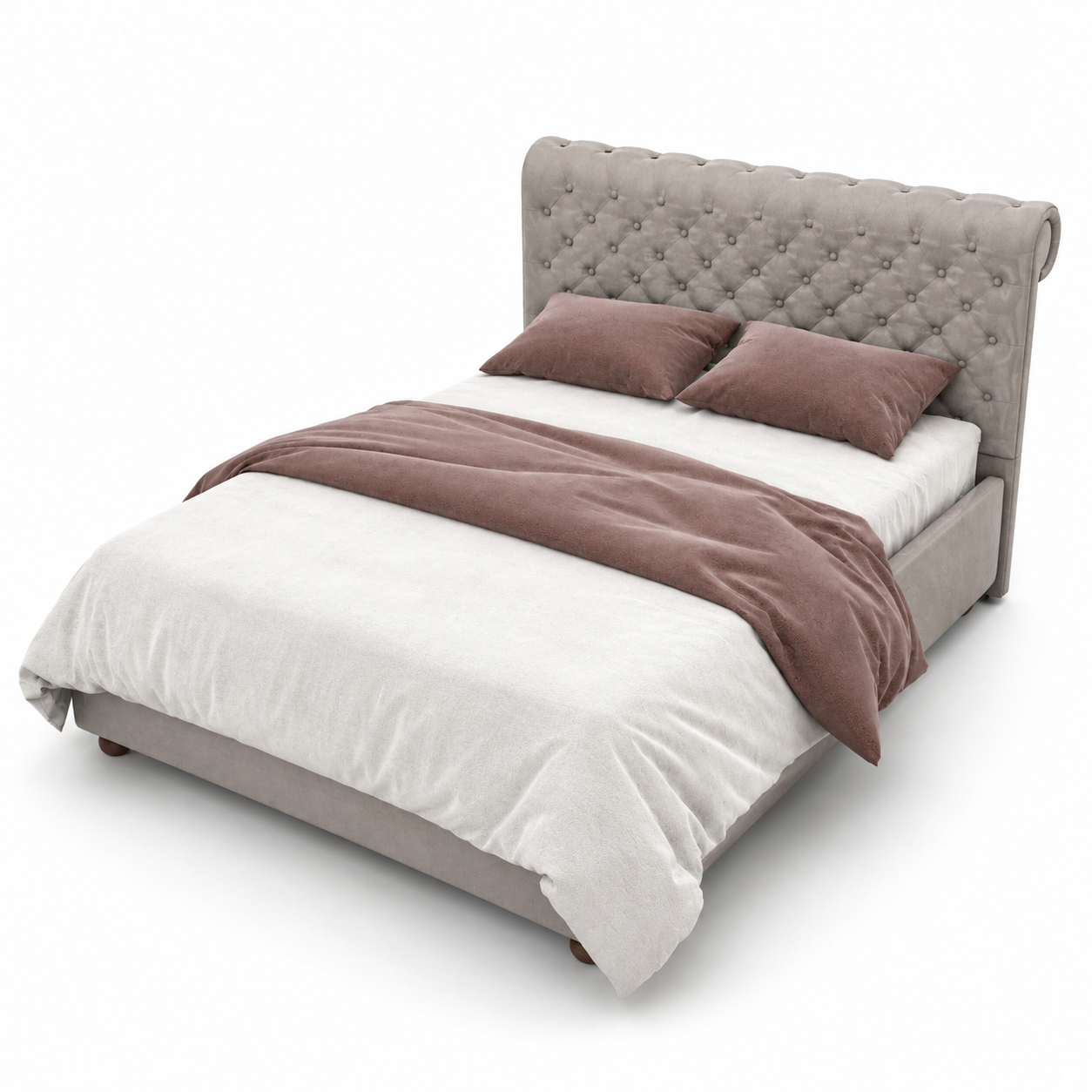 Beige Velvet Wingback Tufted Bed 3D Model 3