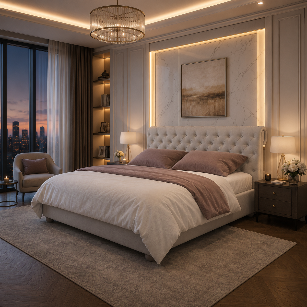 Beige Velvet Wingback Tufted Bed 3D Model 2