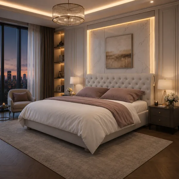 Beige Velvet Wingback Tufted Bed 3D Model back