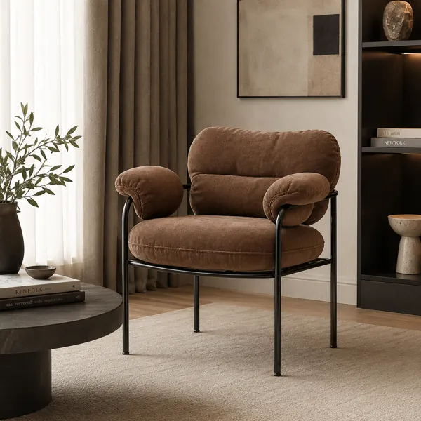 Modern Mocha Fabric Lounge Armchair with Black Metal Frame 3D Model back