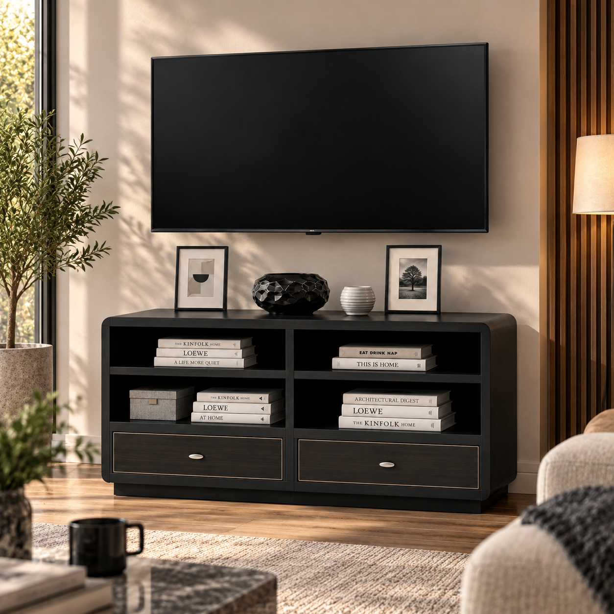 Wall-Mounted TV with Black Media Console 3D Model 4