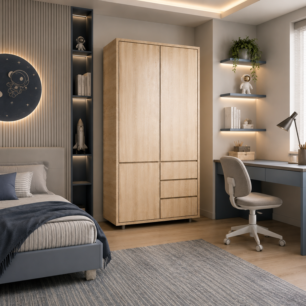 Light Wood Wardrobe – Vertical Grain & Lower Drawers 3D Model 2