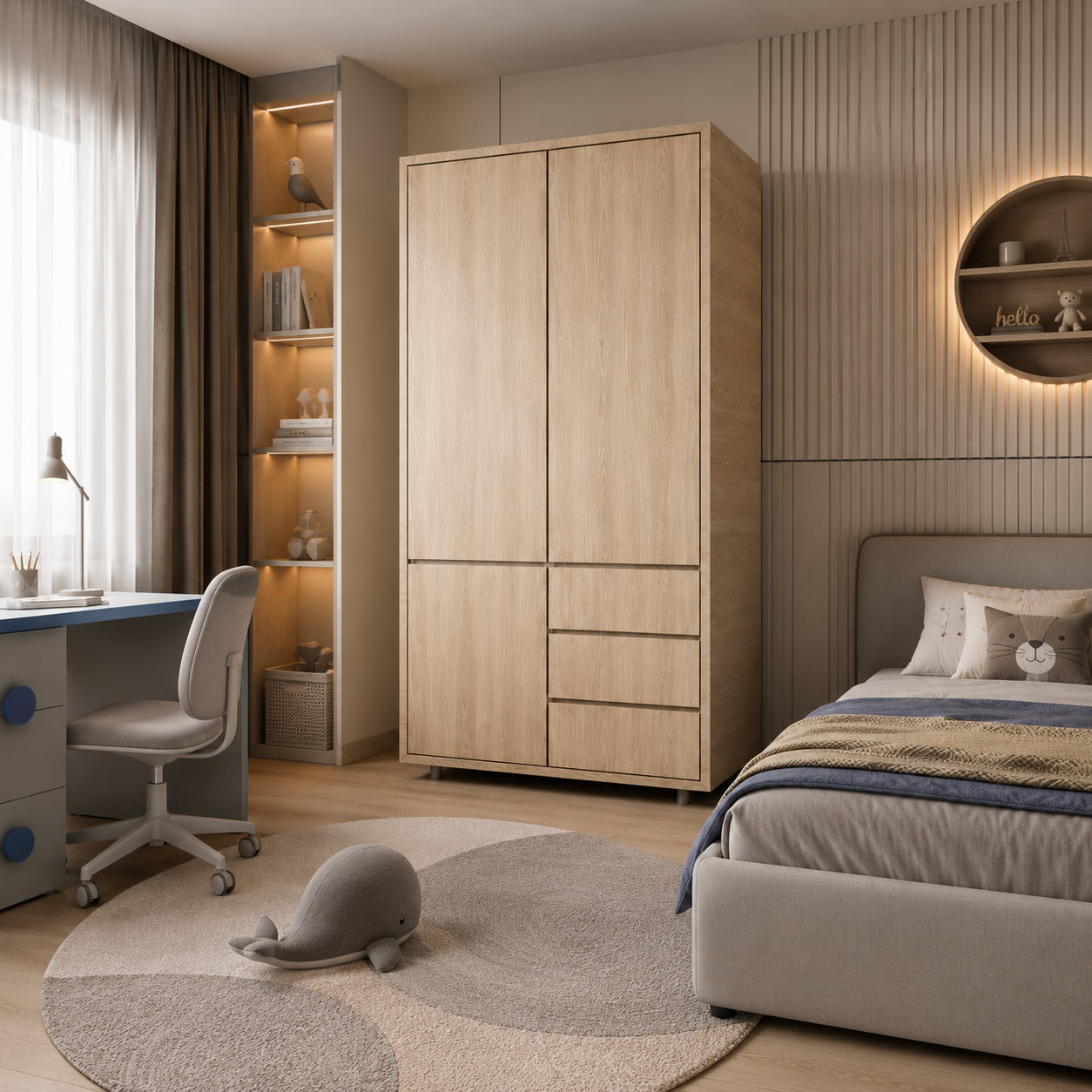 Light Wood Wardrobe – Vertical Grain & Lower Drawers 3D Model 4