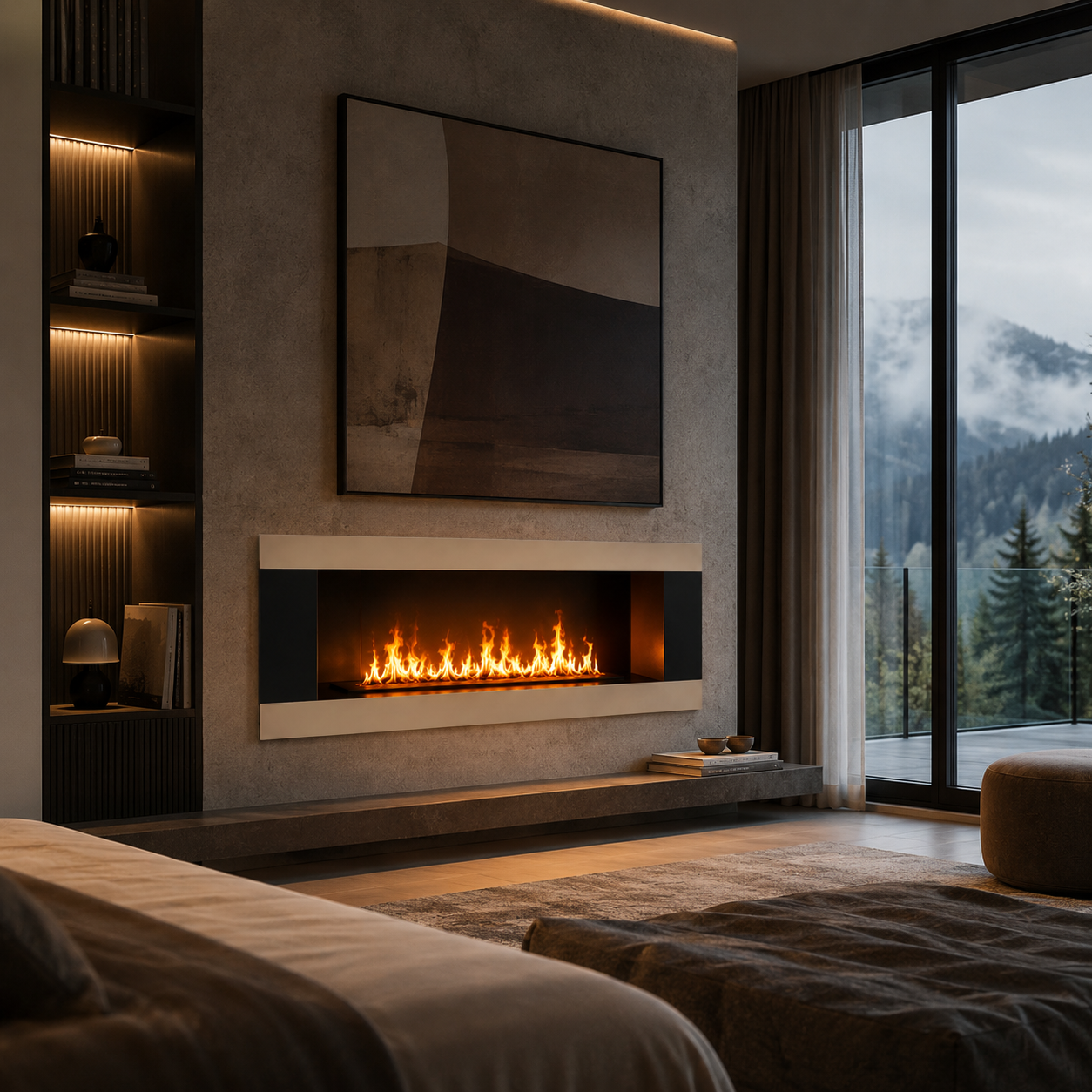 Linear Black Fireplace – Champagne Metal Frame 3D Model 3
