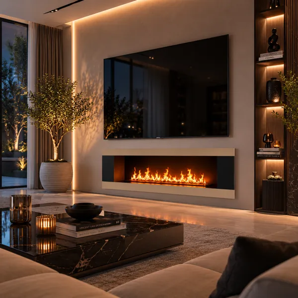 Linear Black Fireplace – Champagne Metal Frame 3D Model back