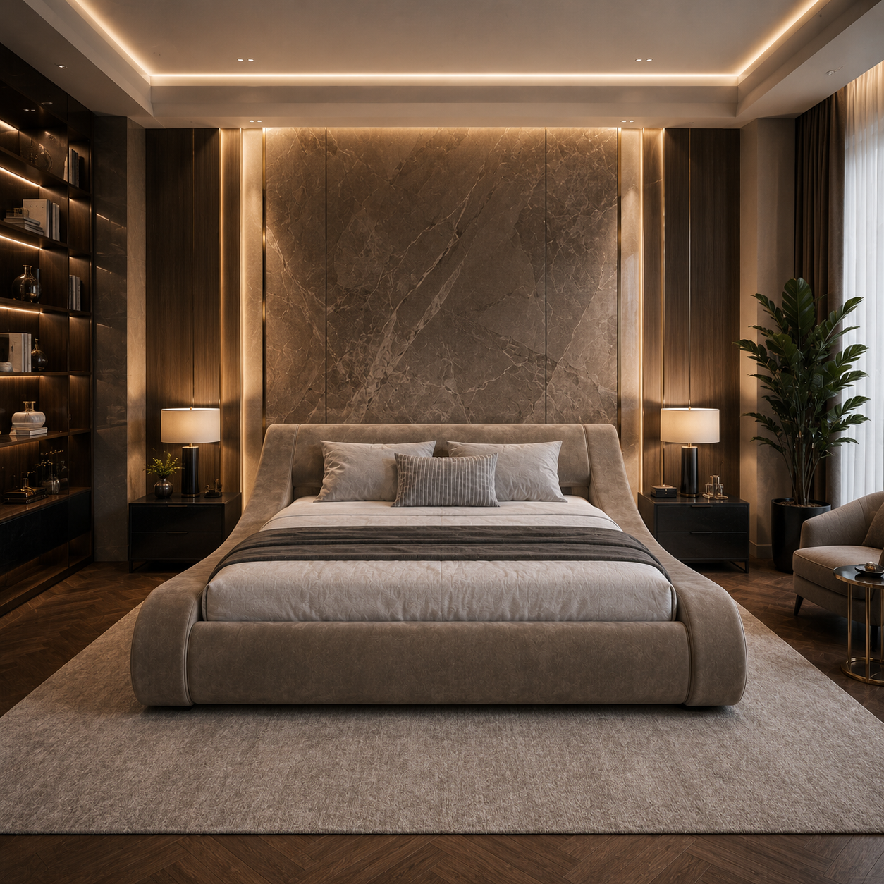 Taupe Velvet Sculptural Loop-Frame Bed 3D Model 4