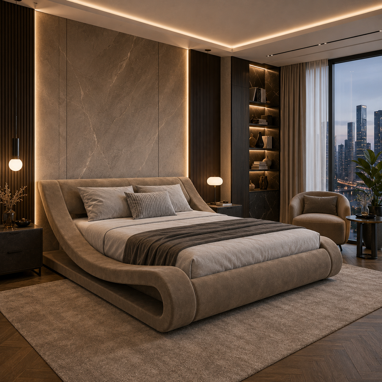 Taupe Velvet Sculptural Loop-Frame Bed 3D Model 2