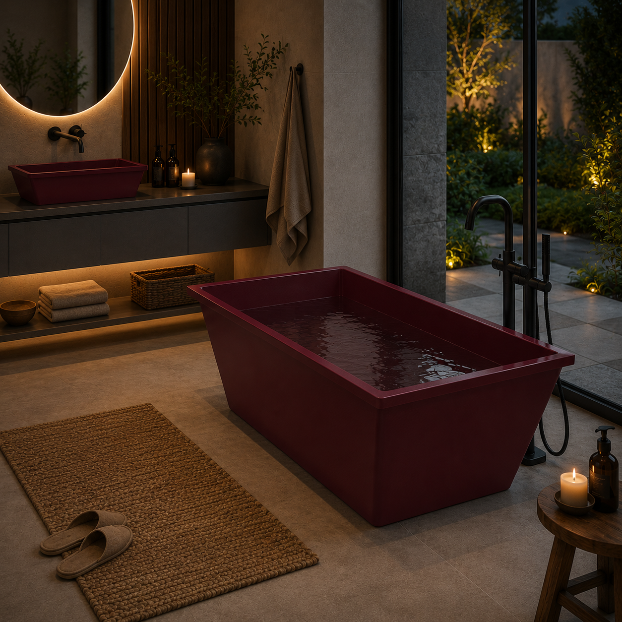 Rectangular Freestanding Bathtub – Deep Burgundy Tapered Sides 3D Model 3